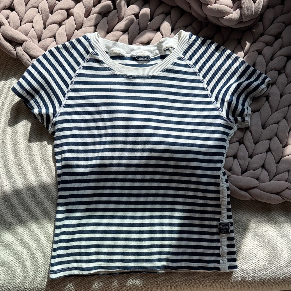 Agolde Navy & White Striped Ribbed Tee - Coastal - S
